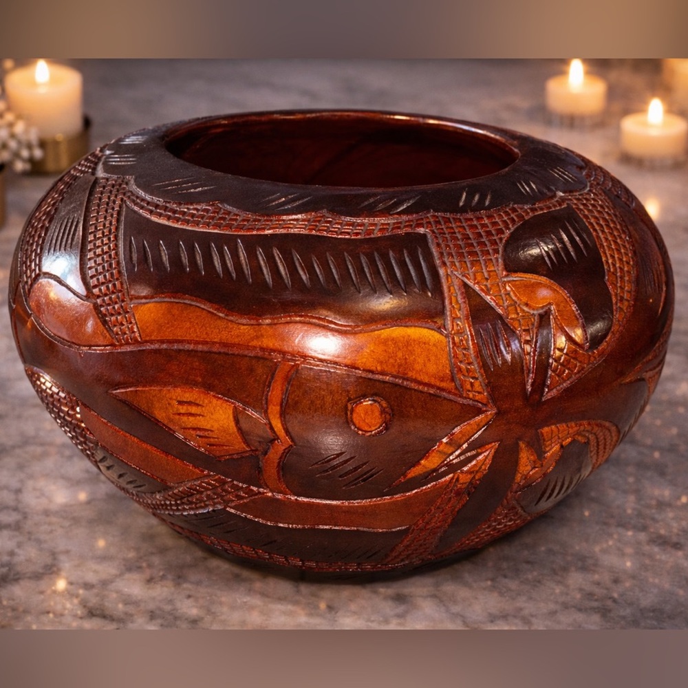 Hand-Carved Wooden Bowl | Fish, Bird & Floral Motifs | Statement Artisan Decor